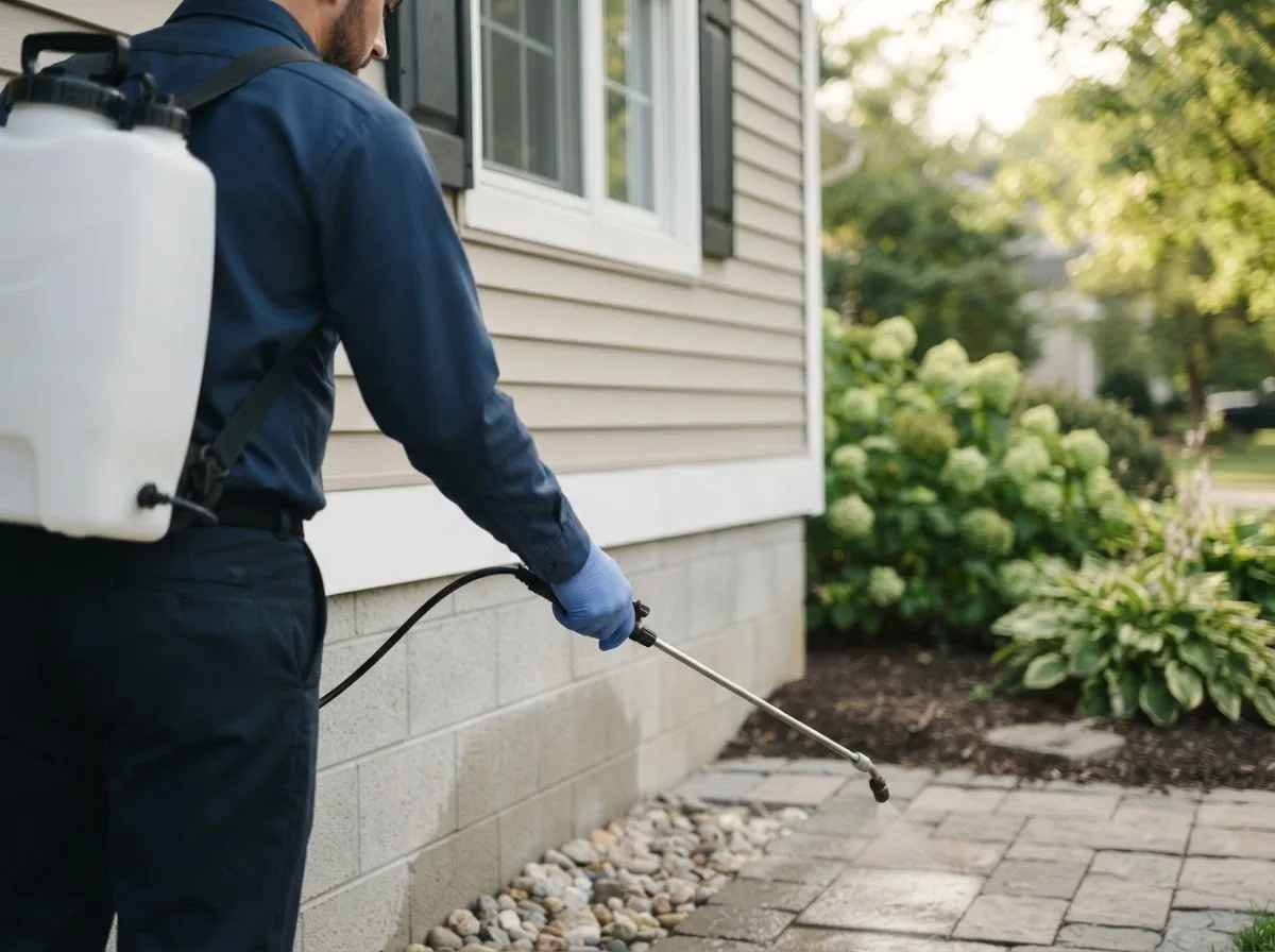 Pest control technician inspecting a home in Skandia, MI